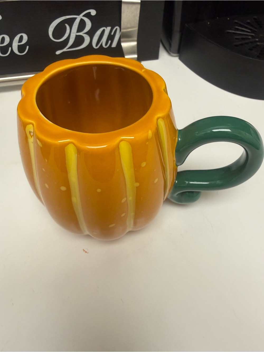 Ceramic Pumpkin Mug with Green Handle - Orange